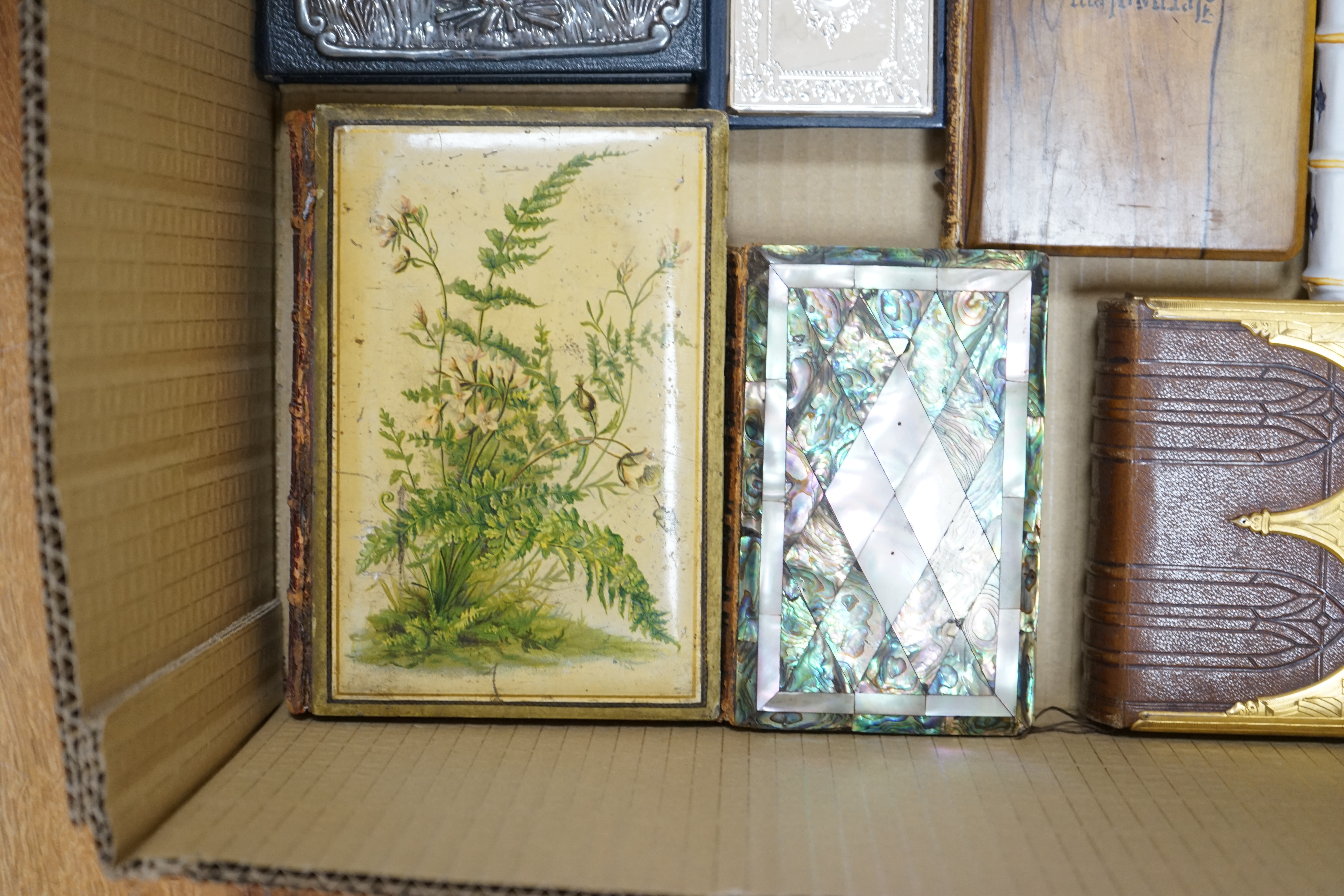 A small group of other assorted novelty bindings, including mother of pearl, leather and silver plate. Condition - varies